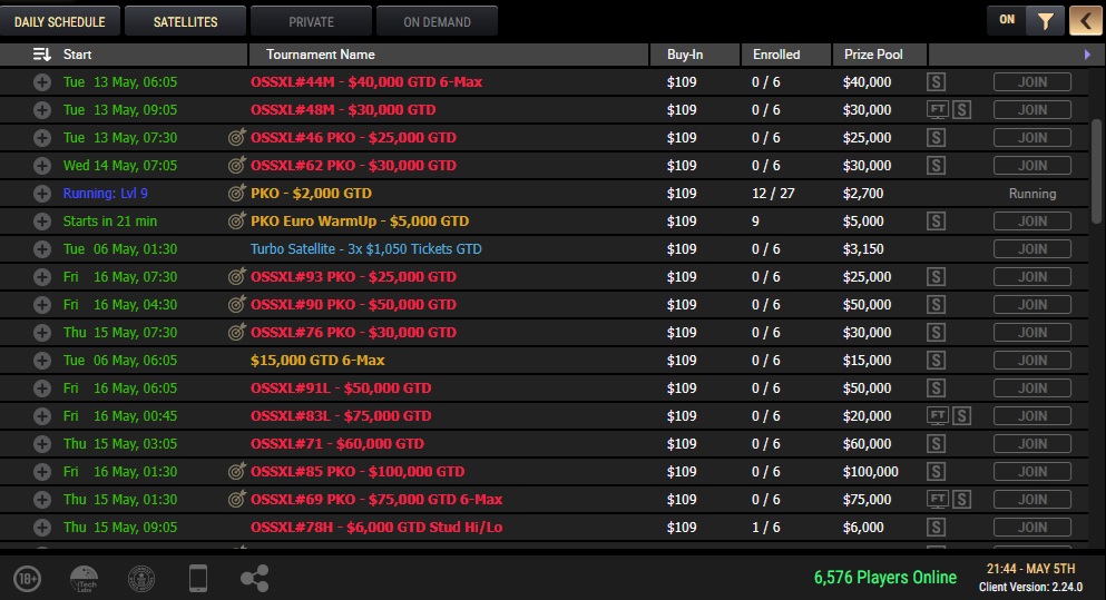 ACR poker schedule for MTT tournaments