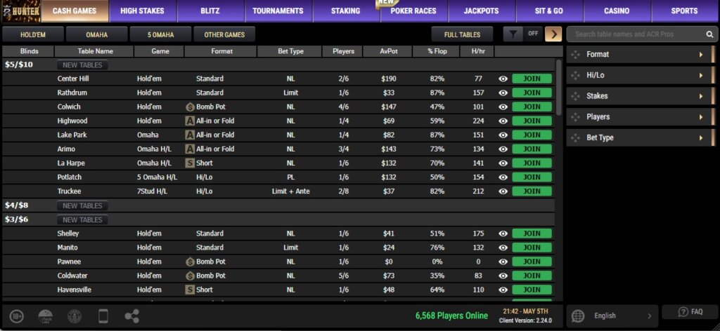 cash game poker lobby